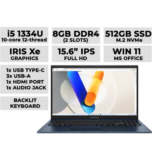ASUS VIVOBOOK 15 X1504VA NJ1622WSM (Blue) Laptop 15.6" FHD | i5-1334U | 8GB DDR4 | 512GB NVMe | Iris Xe Graphics